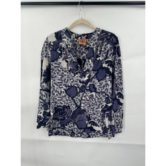 Tory Burch Blouse Women 4 Purple Floral 100% Silk Y2K Retro Preppy Funky Rave - Picture 1 of 8